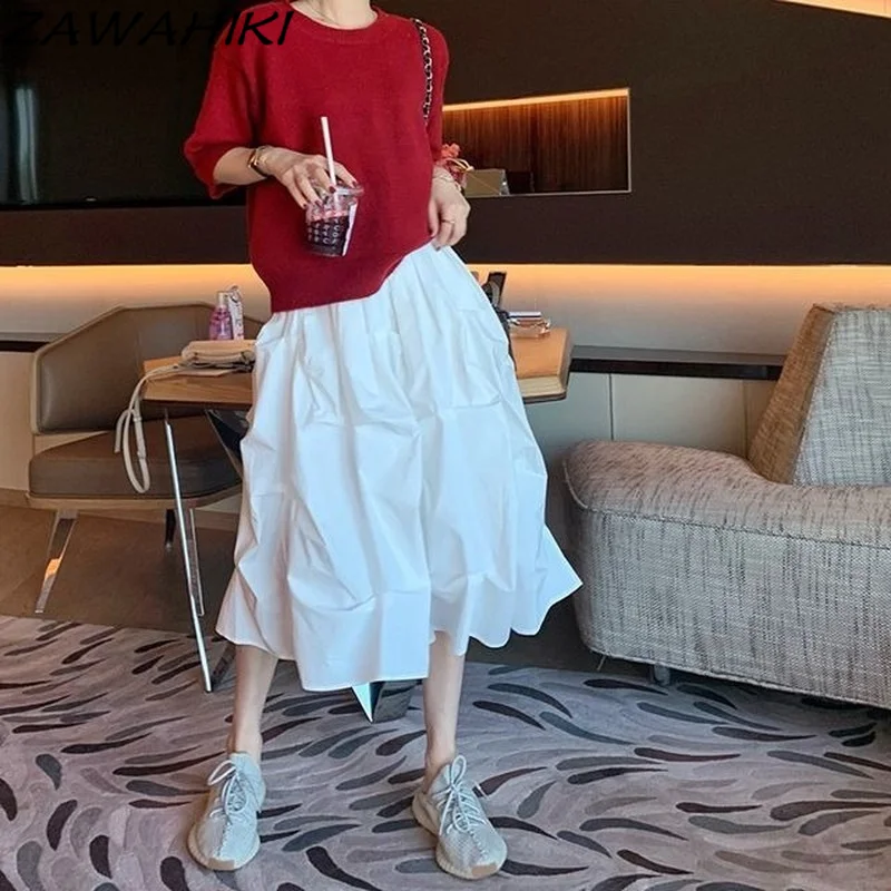 

ZAWAHIKI Japan Style Woman Skirts Solid A-line Spring Summer Kawaii Faldas Vintage 2021 Ins Pleated Fashion Long Skirts Sweet
