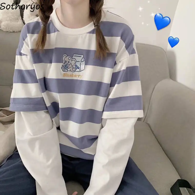 Классические полосатые футболки с длинным рукавом женские свободные элегантные