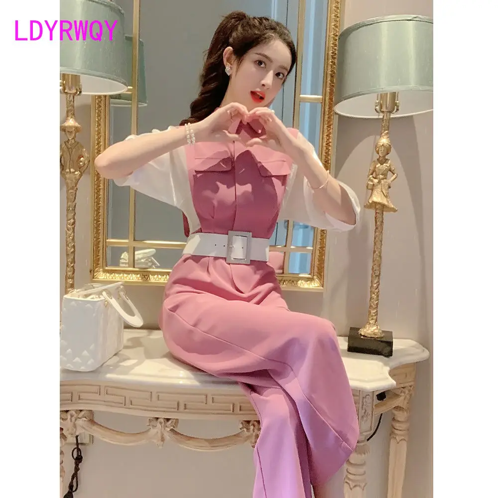 

LDYRWQY Pink jumpsuit women's summer long small incense wind jumpsuit waist waist temperament goddess wide-leg pants