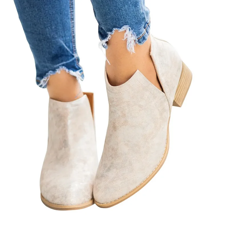 white Slip On Women Ankle Boots Pointed Toe PU Leather Low Heels Shoes Woman Booties Sexy High Heels Size 35-43 - Цвет: white