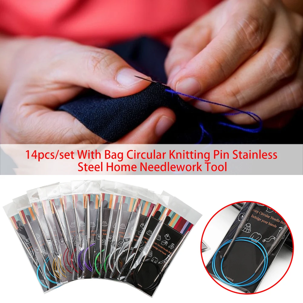 

14pcs/set Stainless Steel Circular Knitting Pin Handmade With Bag Crochet Home Needlework Tool Needle Weaving Professional DIY