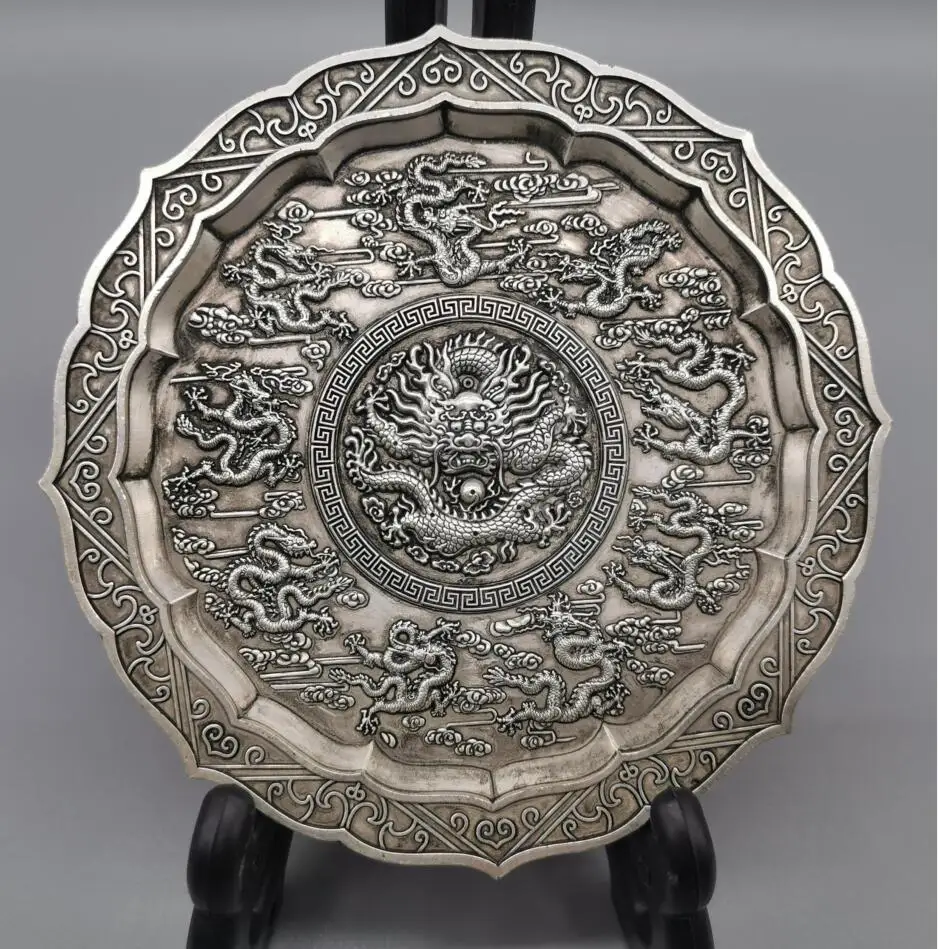 Archaize White copper nine dragon plate desktop decoration crafts statue |