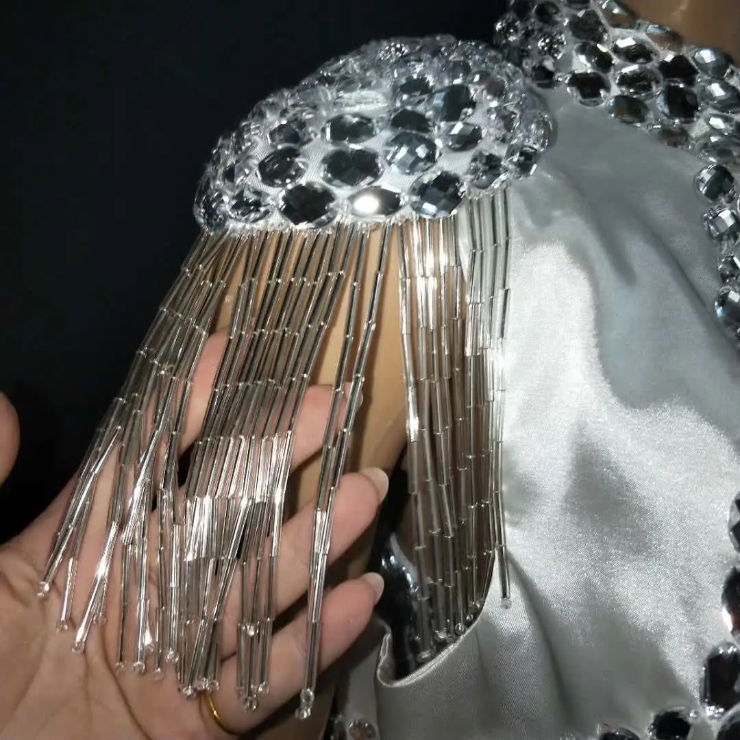 

Women White Rhinestone Tassel Net Yarn Hand Made HighQuality Crystal Costume Nightclub Bar Party Singer Dancer Show Dress