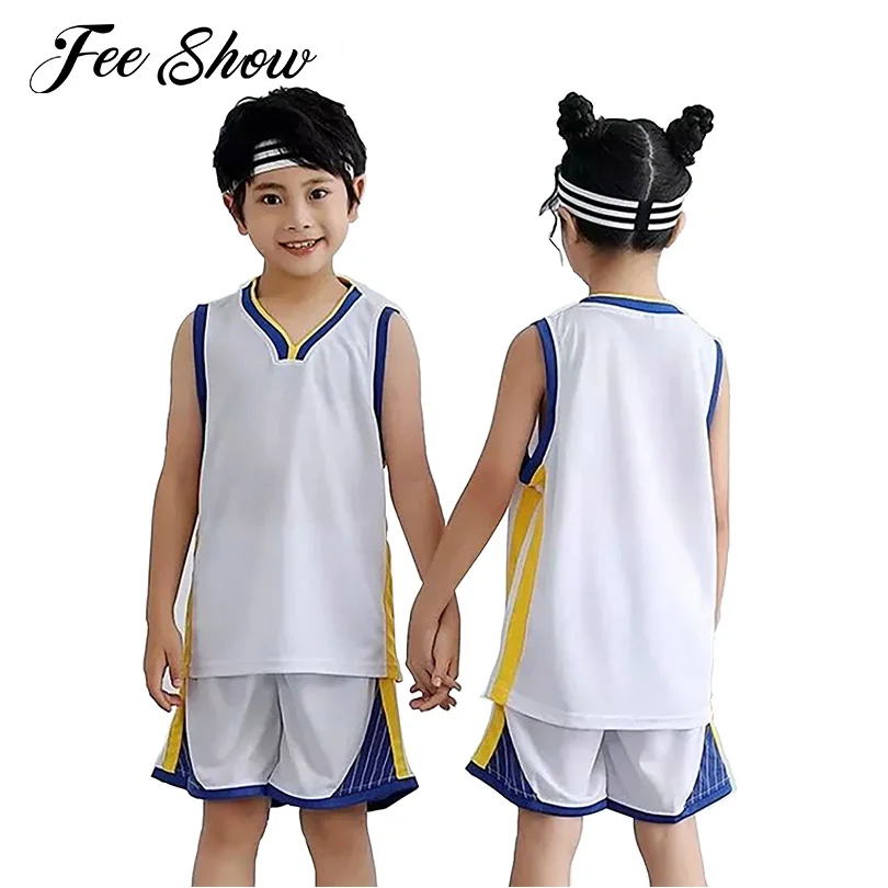 

Unisex Boys Girls Summer Basketball Suit Pure Color Sleeveless V Neck Vest Top and Shorts Set for Kids Running Exercise Sports