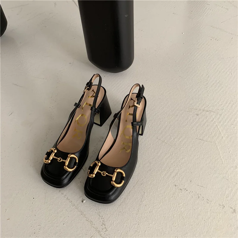 

2021 summer new style square head buckle back empty high heel sandals fashion powder thick heel shoes
