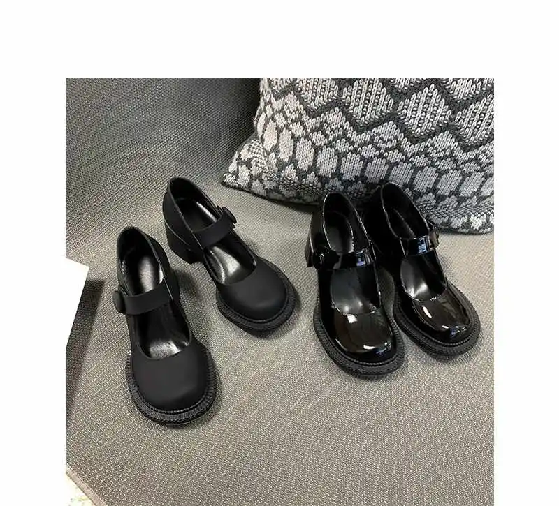 

Lenkisen high quality handmade full grain leather round toe thick high heels ankle straps high street fashion modern pumps L83