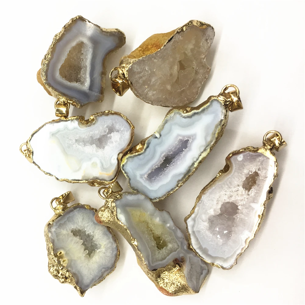 Colgantes y collar de Reiki Druzys, piedra Natural de moda, rebanada de bordes dorados galvanizados brasileños, ágatas blancas abiertas, geoda drusa