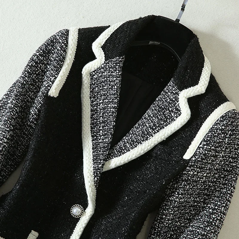 2019 autumn and winter new women's black white tweed color matching jacket + wide leg pants temperament suit | Женская одежда