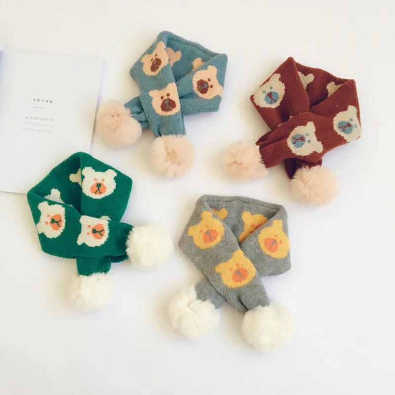 Korean Style New Autumn Winter Children Knitted Scarves Cartoon Printed Baby Kids Warm Pompon Neckerchief Chic Shawl |