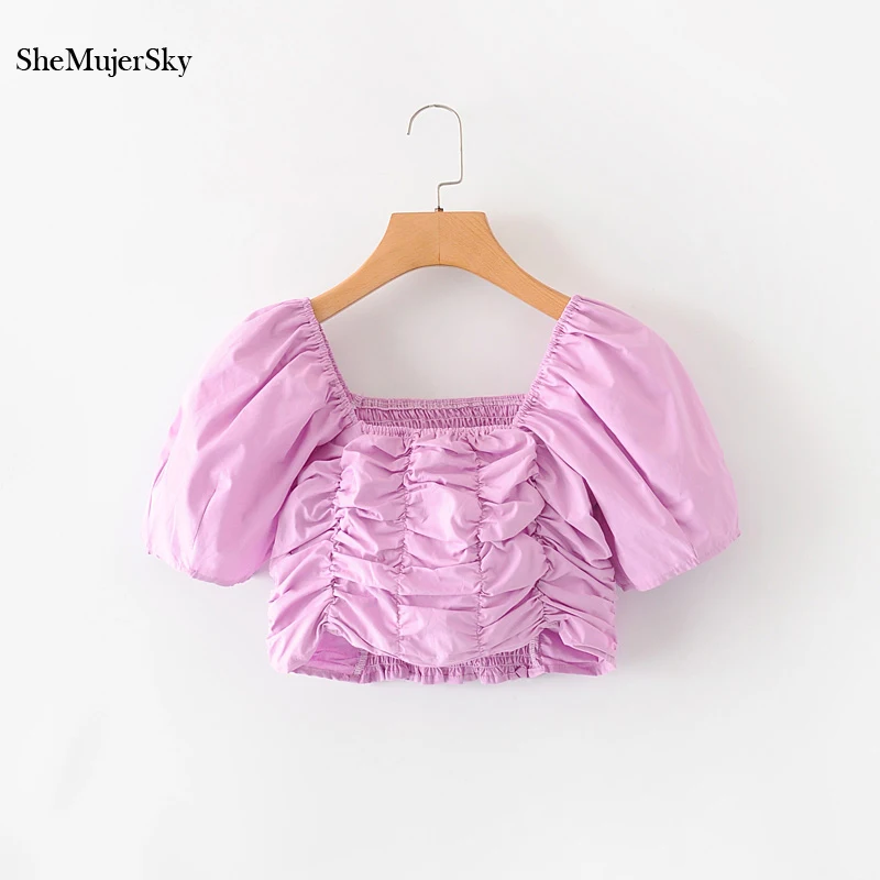 

Женская блузка с коротким рукавом SheMujerSky, розовая эластичная блузка с рюшами и квадратным вырезом, укороченные рубашки, лето 2020