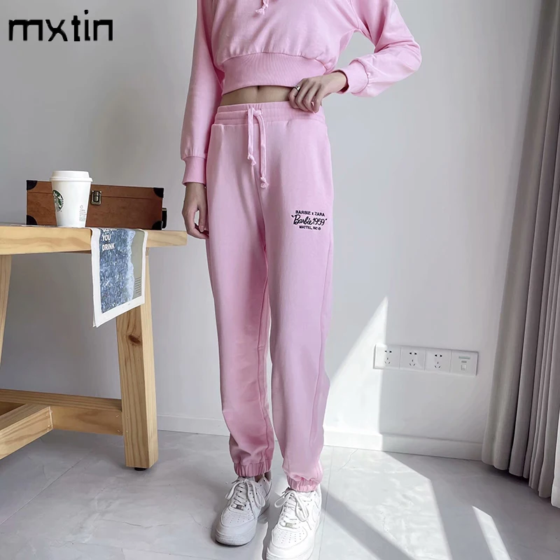 

MXTIN 2021 Women Summer Vintage Embroidery Sweatpant Pants Fashion Elastic Waist Drawstring Female Harajuku Ankle Trousers Mujer
