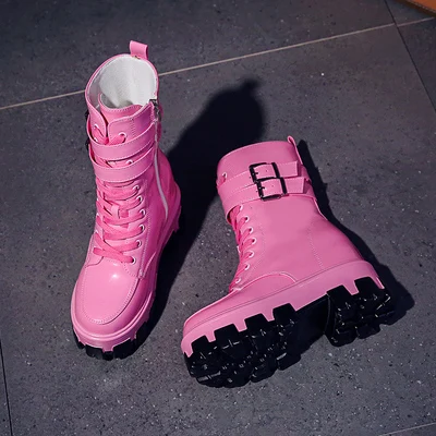 Pink Женские ботинки до середины икры модная обувь для девушек из лакированной кожи ярких цветов г. Осенне-зимние женские ботинки на высоком каблуке, зимняя обувь - Цвет: Pink