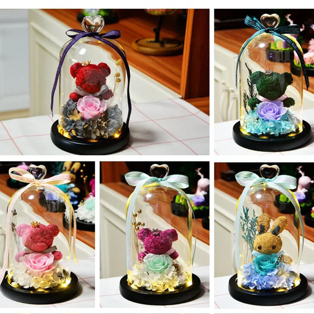 

Glass Cover Mini Flower Bear Rose With Light Diy Dried Flower Preserved Flower Romantic Valentine's Day Gift