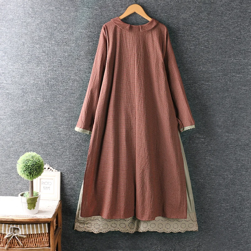 

Autumn New Art Small Fresh Double Layer Loose Midi Dress Plaid Long Sleeve Casual Daily Wear