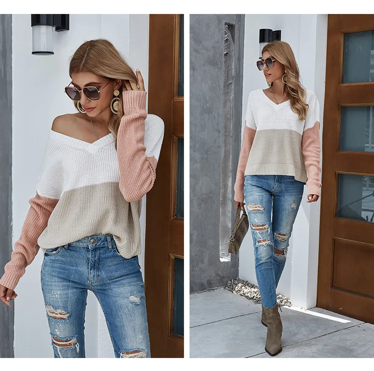 

Donsignet Women's Sweater Fashion Spring V-neck Pullover Stitching Contrast Color Loose Knit Long Sleeves Sweater Women