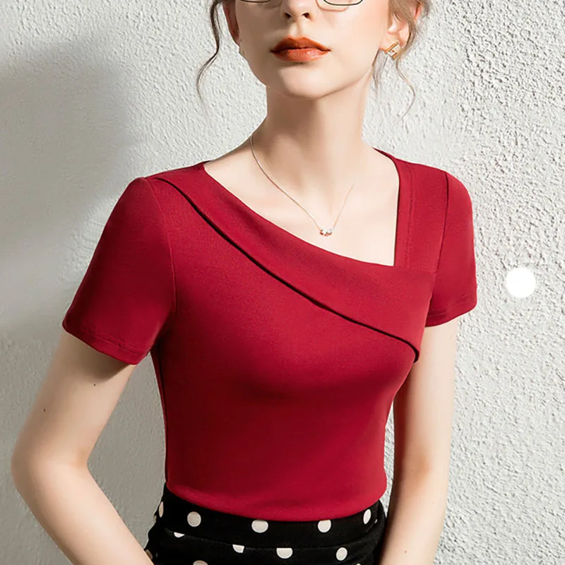 

Women Cotton T-shirt Skew Collar Short Sleeve Solid color All match Lady Top for Summer spring women Casual Shirt