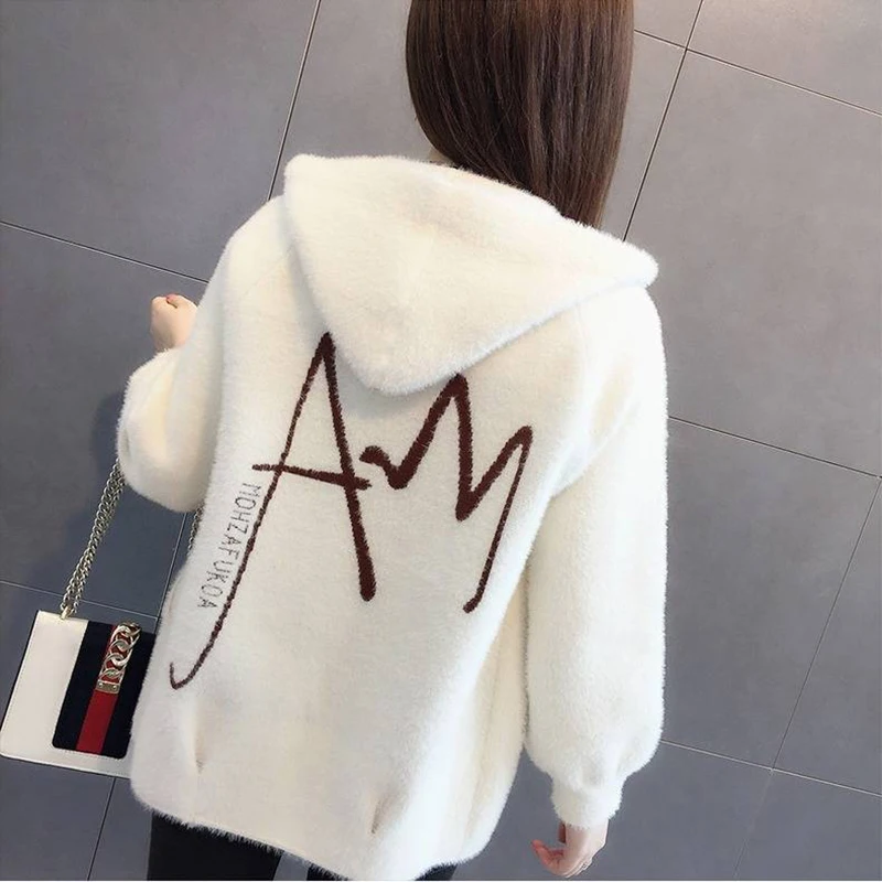 Women Mink Fur Jacket Autumn Winter Women Coat Loose Embroidered Thick Velvet Hooded Sweater Female Cardigan