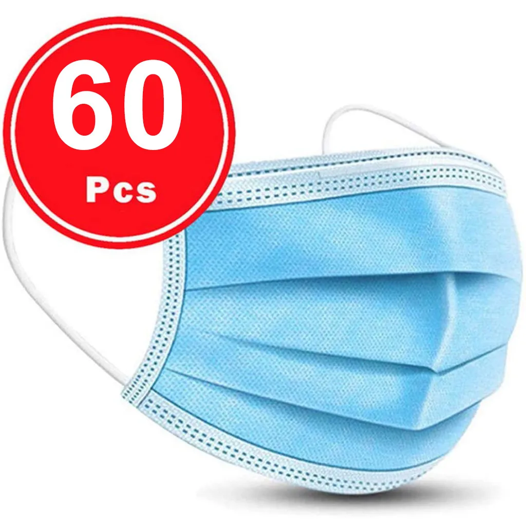

60PC Adult Disposable Face Mask Women Men Unisex Protective Masks Breathable mascarilla masque maska 3Ply Elastic Straps