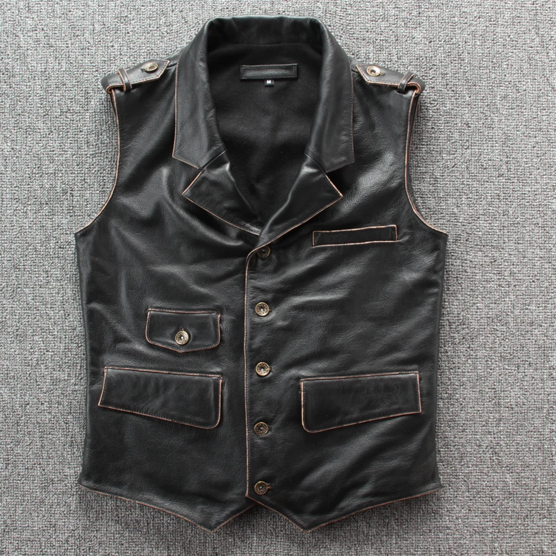 Бесплатная доставка 2019 винтажный черный мужской жилет из натуральной кожи Biker'