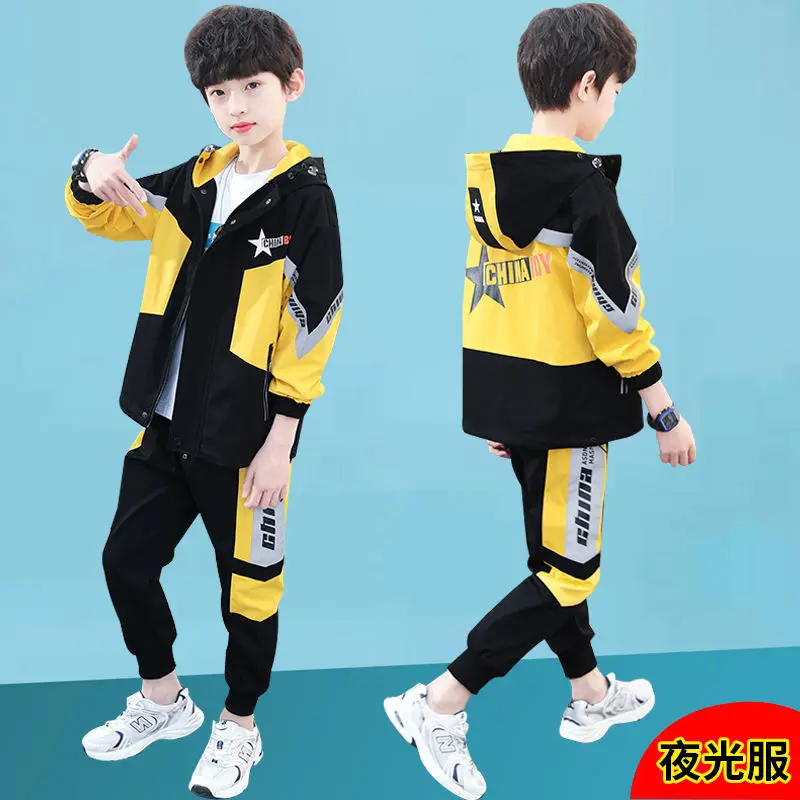 

Boys Clothes New Spring Kids Tracksuit 4-12 Years Suit Casual Print Reflective Jackets Sportswear Side Stripe Spliced Sweatpants
