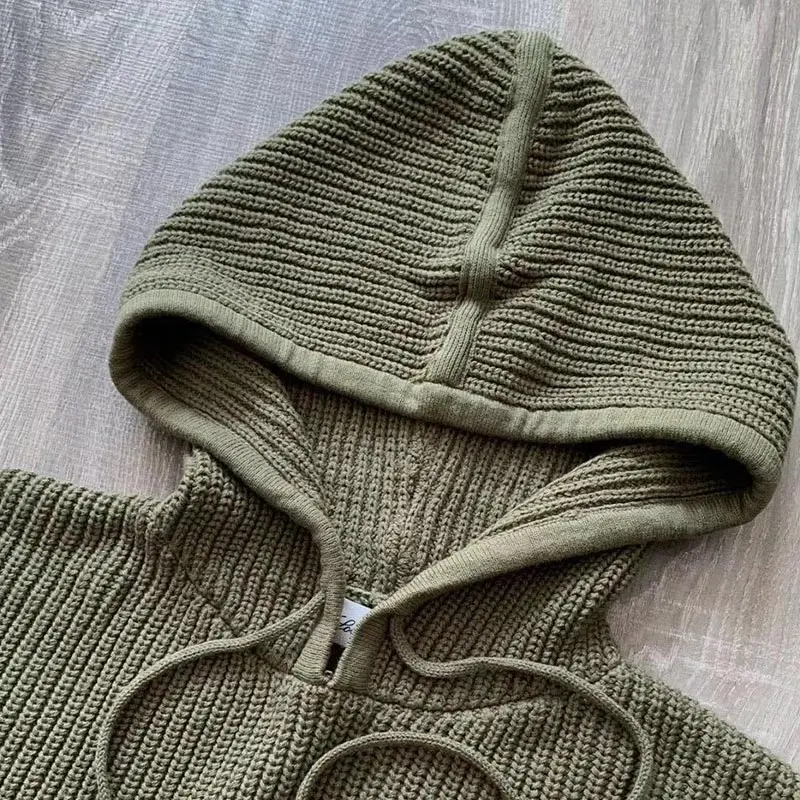

Women Hooded Pullovers Loose Hooded Sweaters Crop Knitting Top Raw Hooded Pullover Sweater Solid Color Knit Sweater