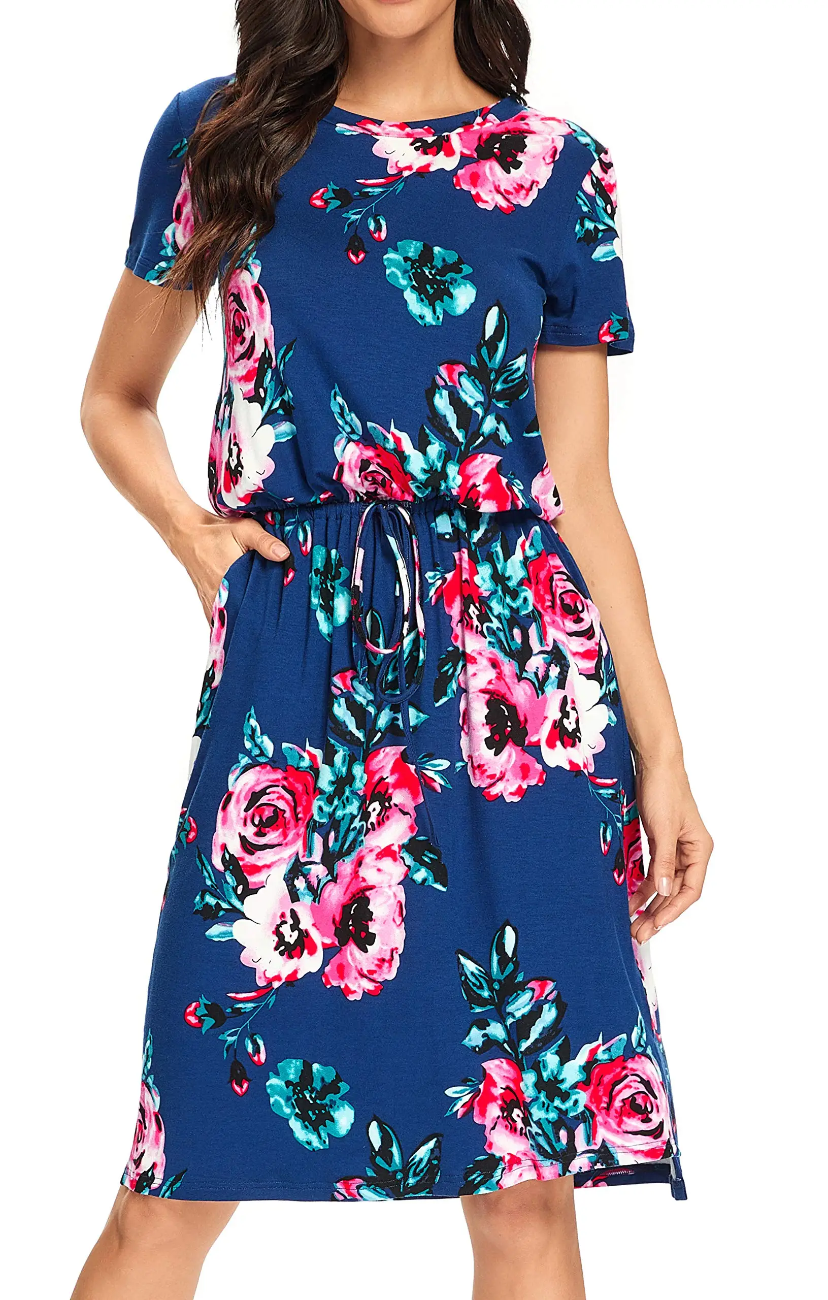

Womens Adjustable Waist Line Midi Dress with Pockets