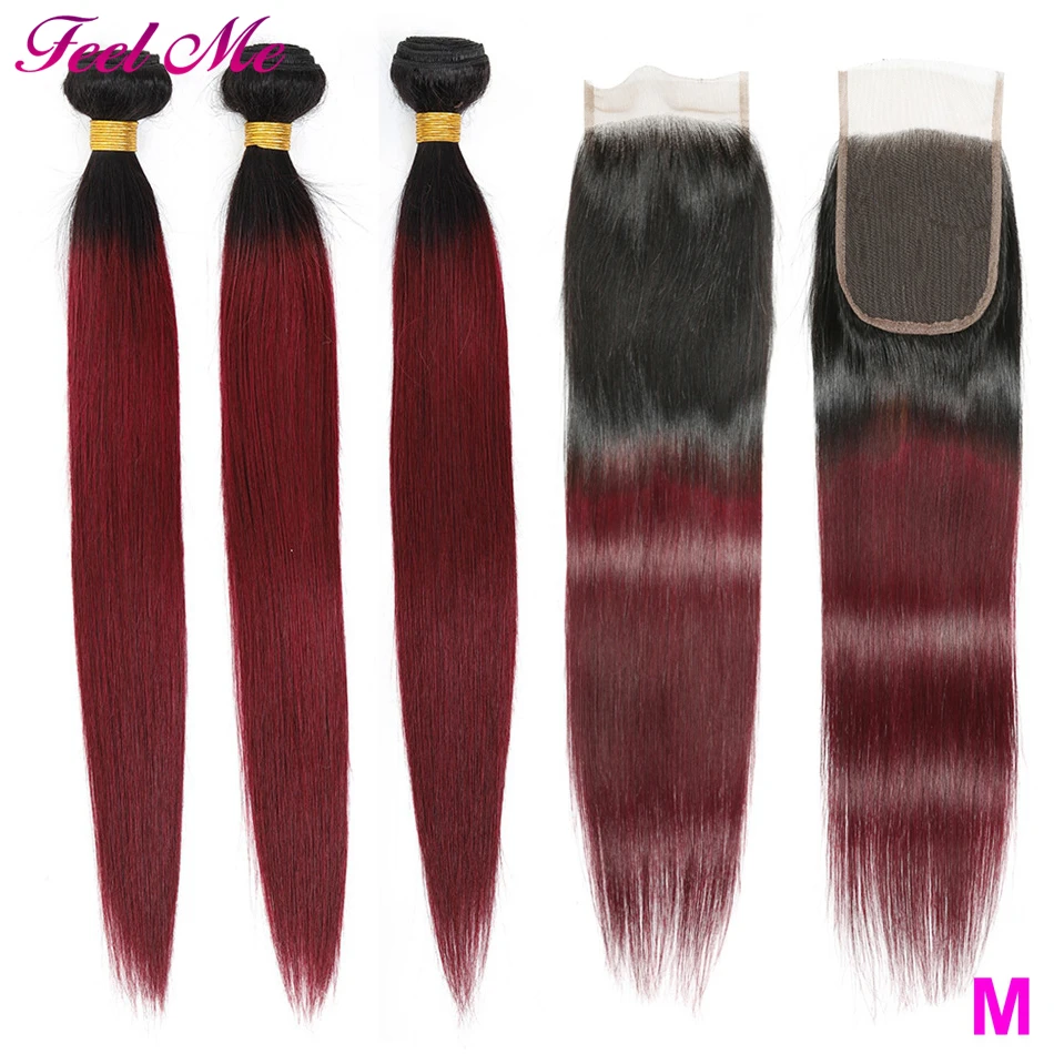 1B 99J/бордовый человеческие волосы пряди с закрытием филми перуанские прямые