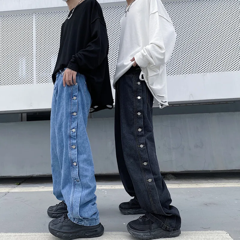 

#1560 Black Blue High Street Wide Leg Jeans Women Side Buttons Casual Hip Hop Jeans Femme Wide Leg Jeans Loose Straight Jeans