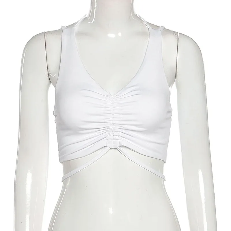 

LAISIYI V Neck Lace Up Ruched Solid Slim Woman Crop Top Low Cut Sleeveless Casual Basic Slim Navel Tank Tops Drawstring Clothing