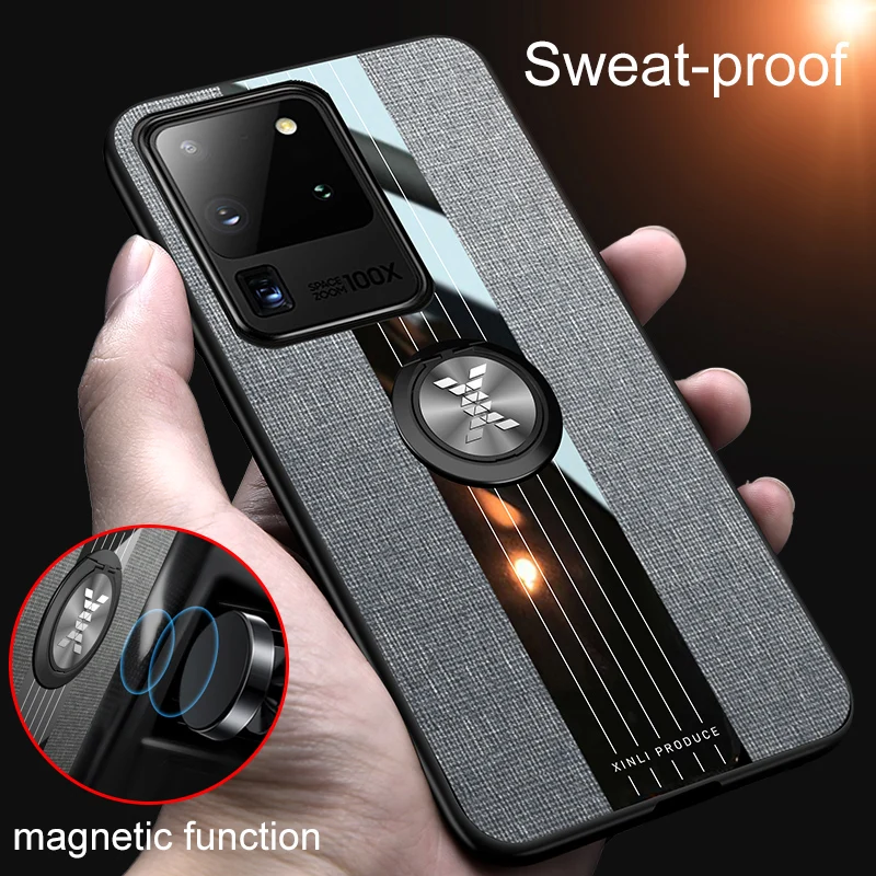 

Magnetic Car Holder Case For Samsung Galaxy S20 Ultra Soft Frame Cloth Finger Ring Shockproof Cover for Samsung S20 Plus Case