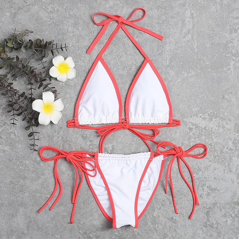 

2021 New Bikini 2-Piece Swimsuit Sexy Pure Color Tied Long Shoelace Triangle Bag for Women
