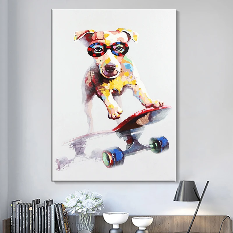 Dog Playing Scooter Canvas Print Oil Painting Hand Painted Living Room Abstract Wall Pictures Hoom Decor Animal Posters | Дом и сад