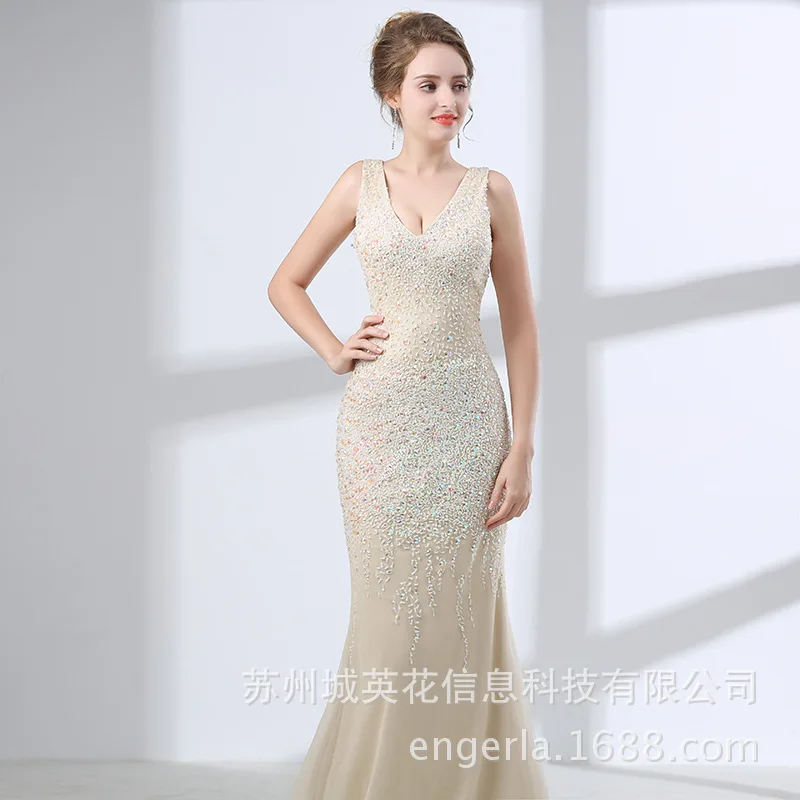 

Spaghetti Crystals Beaded Evening Dresses Long Mermaid Backless Evening Gowns Robe De Soiree