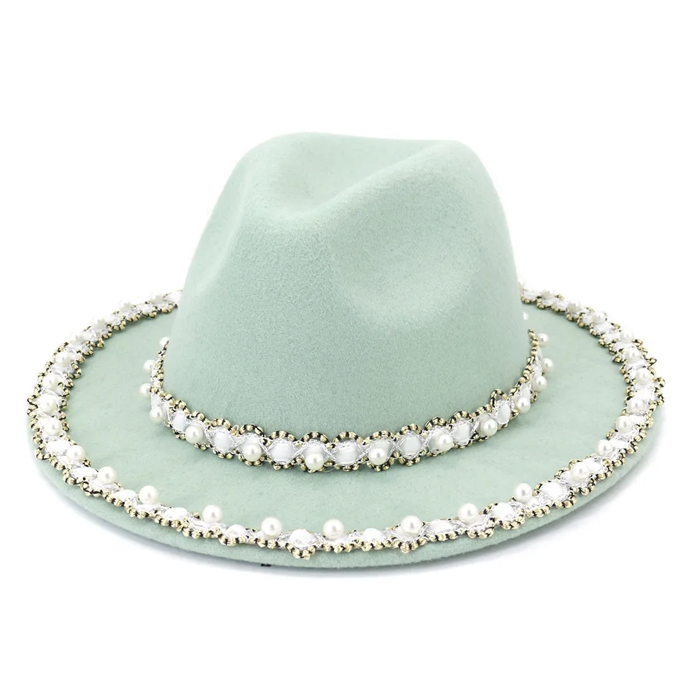 

ZLD Men Women Wide Brim Wool Felt Hat Formal Party Jazz Cap Wool Hat Fedora Hats For Women With pearl top hat Wedding hat