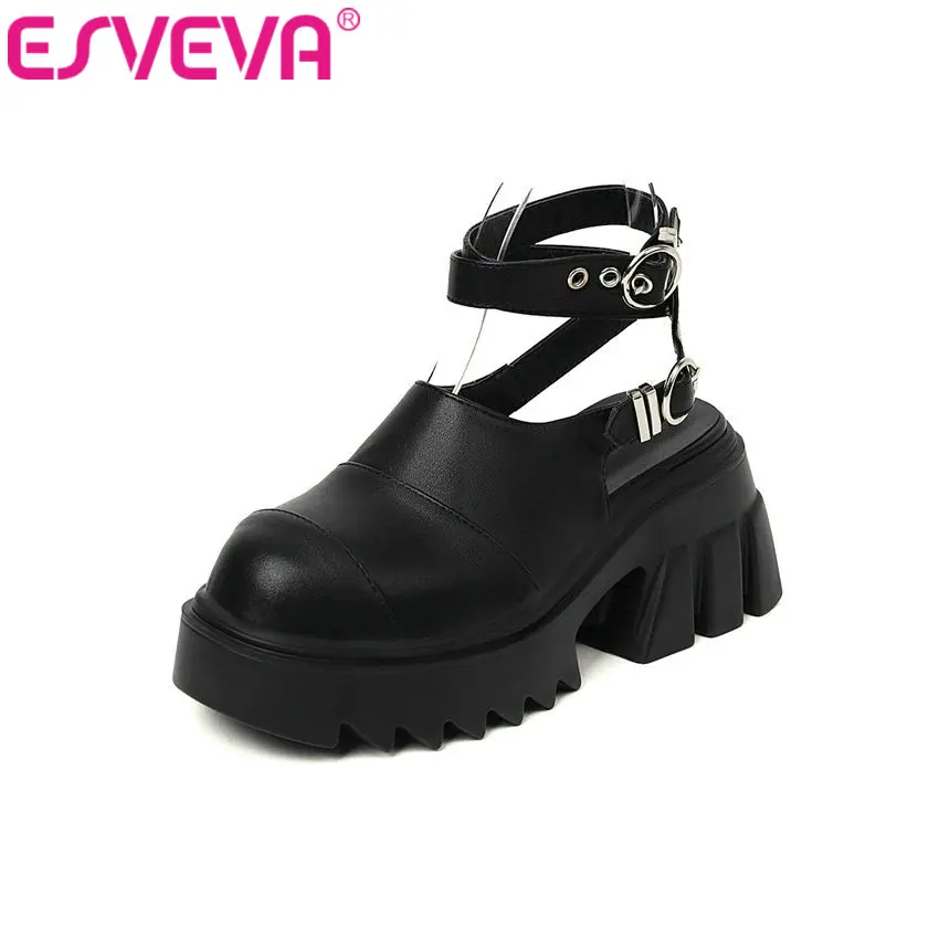 

ESVEVA 2021 Women Pumps Round Toe Ankle Strap Elegant Shoes Slingback Buckle Square High Heels Women Shoes Shallow Size 35-43