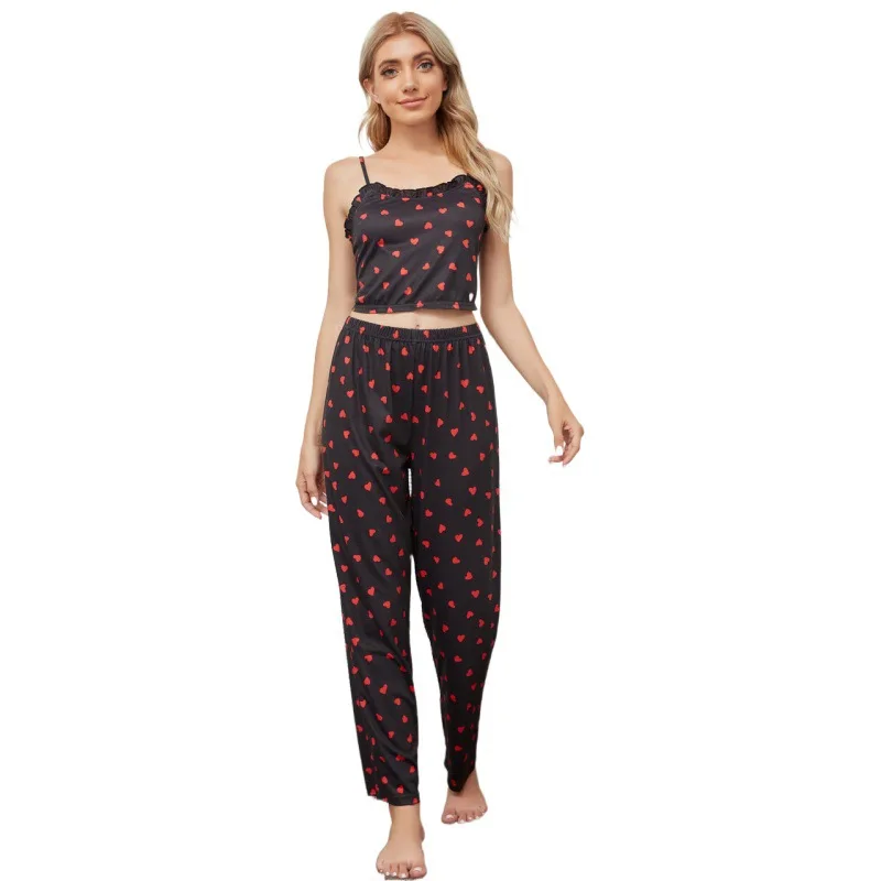 Ladies Polka Dot Printed Pajamas Knitted Sleeveless Sleepwear Round Neck Long Pants Two-piece Homewear Comfortable Casual Set