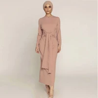 fashion ribbed knitted maxi dress women wrap front plain long sleeve waistband bodycon abaya autumn muslim hijab dresses