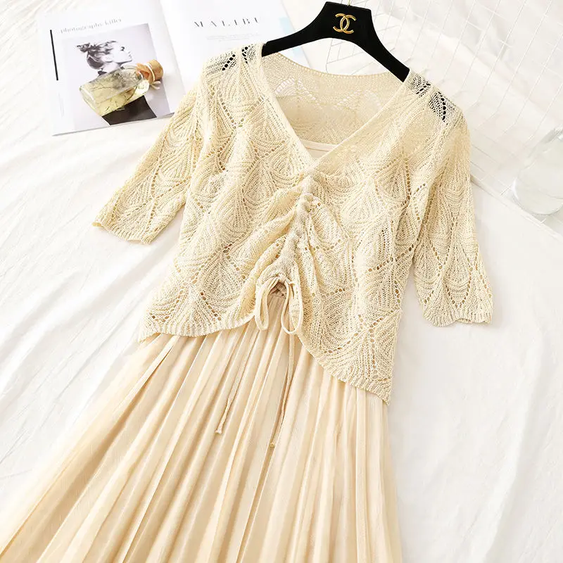

New Female Suspender Dress Women Summer Skirt hollow Top +Skirt Two-piece Set
