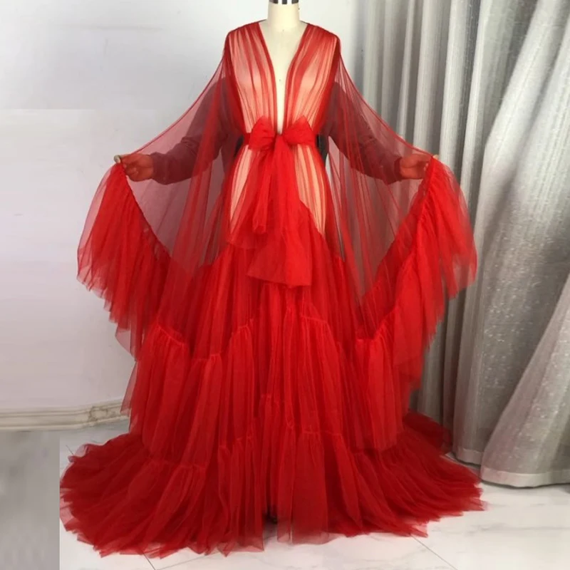 

Ins Maternity Robes Dresses Extra Puffy Tulle Sleeves Fluffy Long Tiered Prom Gowns Baby Shower Bow For Photoshot Red Kimono