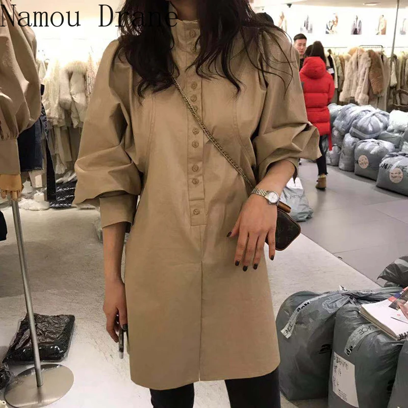 Корейское весеннее платье рубашка с воротником стойкой и пышными рукавами