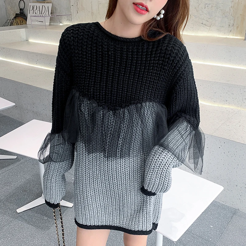 GALCAUR корейский стиль лоскутные кружевные свитера для женщин круглый вырез