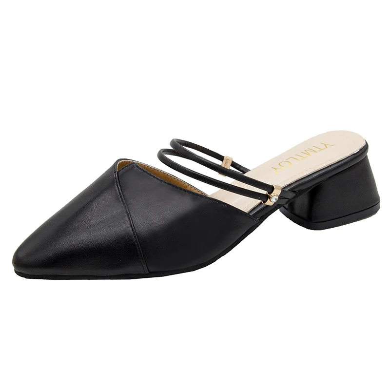 Party Women Mules Slipper Pointed Toe Block Strap Closed Shallow High Heels Shoes Sandals Black Beige Square heel Pumps - Цвет: black