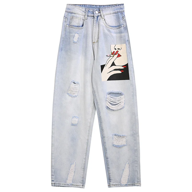 

Personalized Ripped Jeans For Women Streetwear Fashion Cowboy Hole Straight Pants Denim Summer Clothes Washed Denim Printing