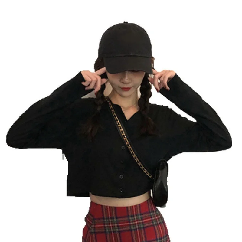 

Women Cardigans Long Sleeve Solid Crop Tops Girls Knitted O-neck Button Up Summer Thin Outwear Streetwear Fashion Korean Style