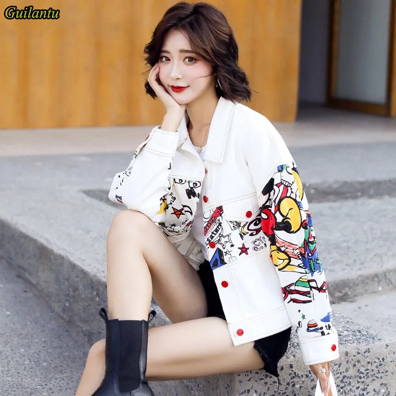 

Spring Autumn Print Cartoon White Denim Jacket Women Outerwear Plus Size Casual Short Coat Female Bomber Streetwear Jean Jackets