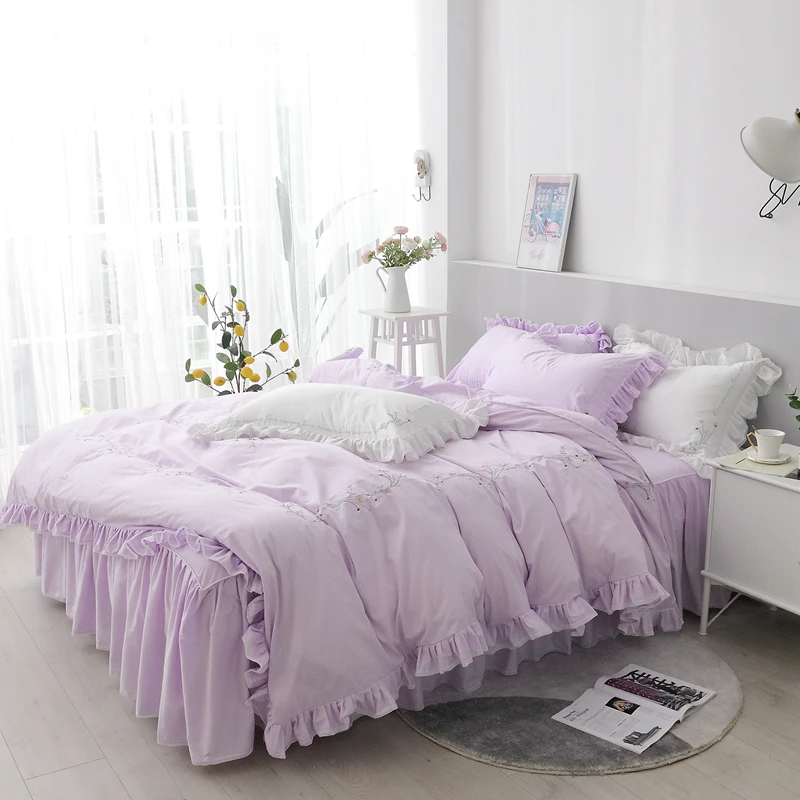 

New Cotton lace Bedding Set purple Duvet Cover Set Bed Linen embroidered princess bed skirt twin queen king flower bedclothes