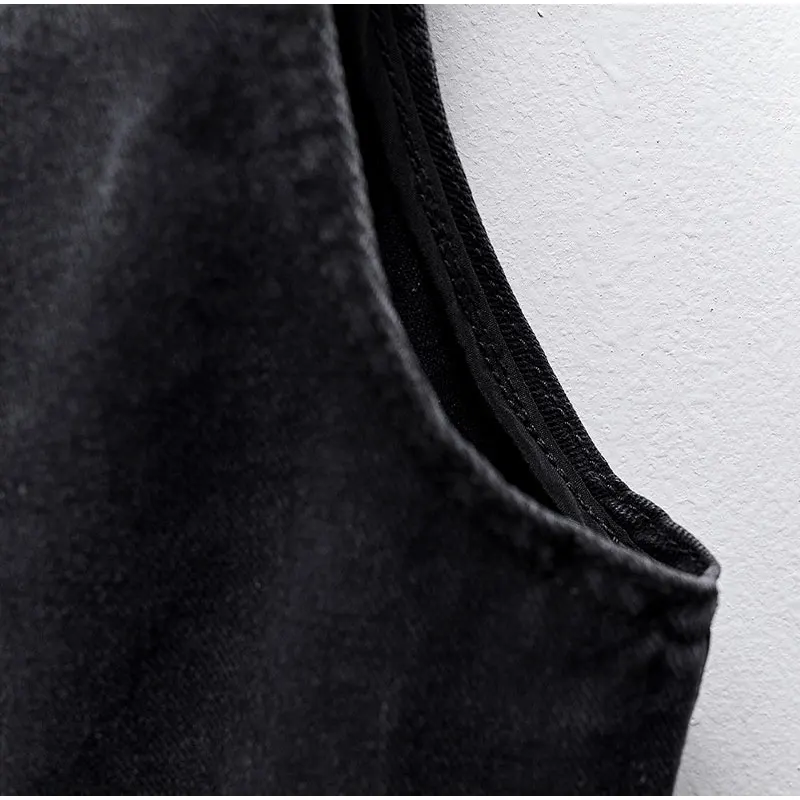 Женский джинсовый жилет-бомбер без рукавов черный облегающий жилет в Корейском