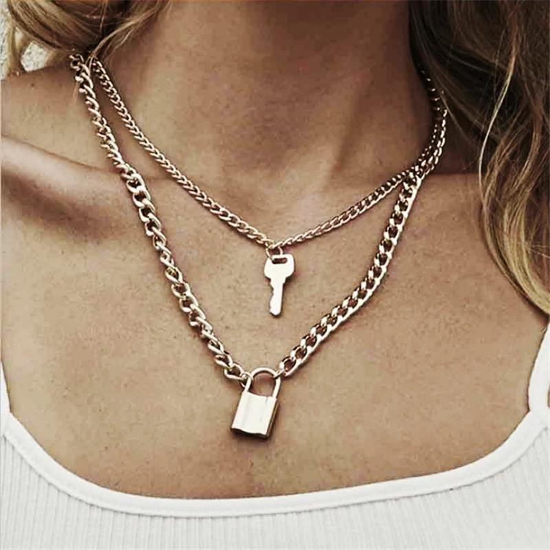 

LIMARIO Cuban Link Chain Choker Necklace Punk Multilayer Padlock Key Long Pendant Necklace for Women Gold Color Collar Jewlery