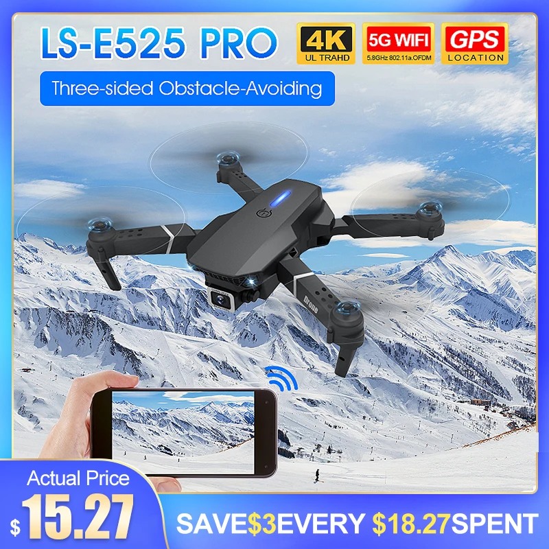 LS E525 PRO Drone 1080P 4K HD Aérea Única / Dupla Câmera WIFI GPS Dobrável de Três Lados Evitando Obstáculos High Hold RC Quadcopters dron