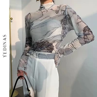 yedinas turtleneck mesh blouse women renaissance print long sleeve see through top ladies sheer designer top clothing